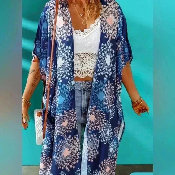 Print Kimono with Side Slits, Beach Swimwear Cover Up (Navy)L/XL duster - Picture 2 of 5